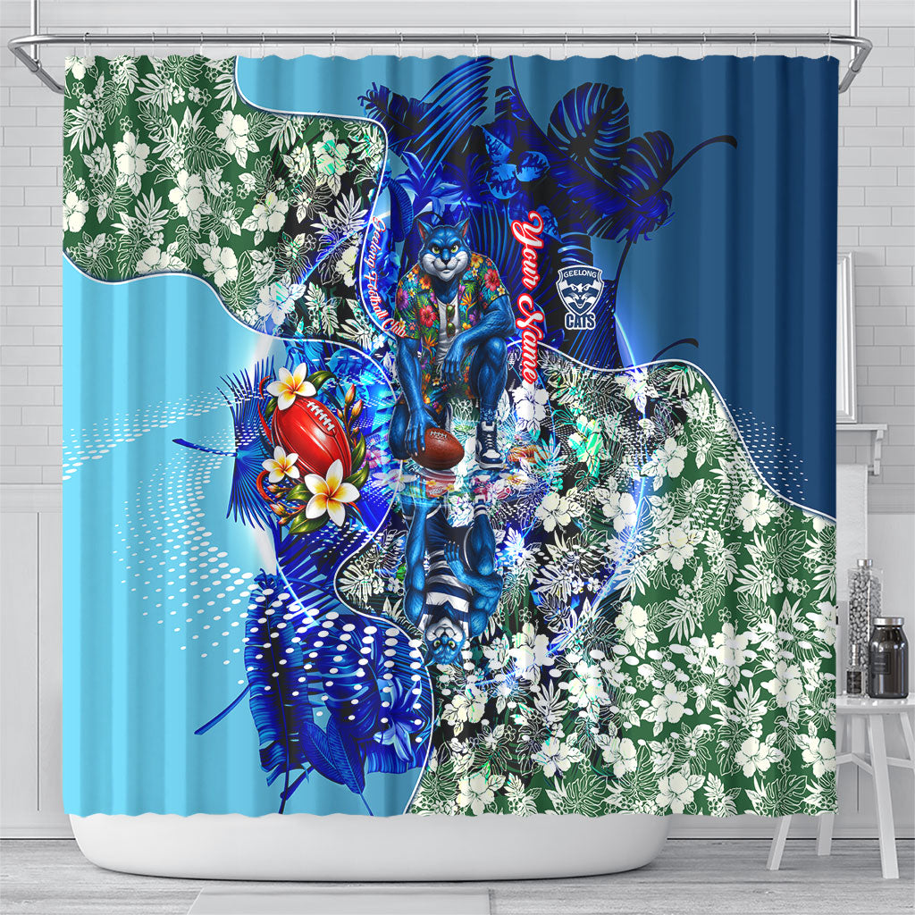 Personalized Geelong Football Cats Shower Curtain Tropical Hibiscus Flowers - Pacific Fusion Style