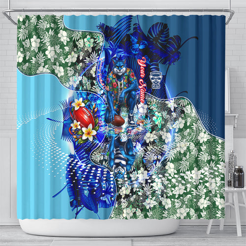 Personalized Geelong Football Cats Shower Curtain Tropical Hibiscus Flowers - Pacific Fusion Style