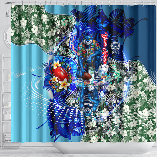 Personalized Geelong Football Cats Shower Curtain Tropical Hibiscus Flowers - Pacific Fusion Style