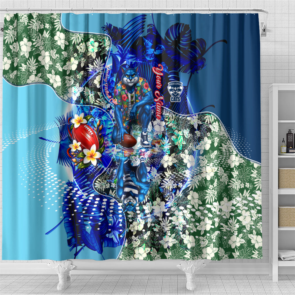 Personalized Geelong Football Cats Shower Curtain Tropical Hibiscus Flowers - Pacific Fusion Style