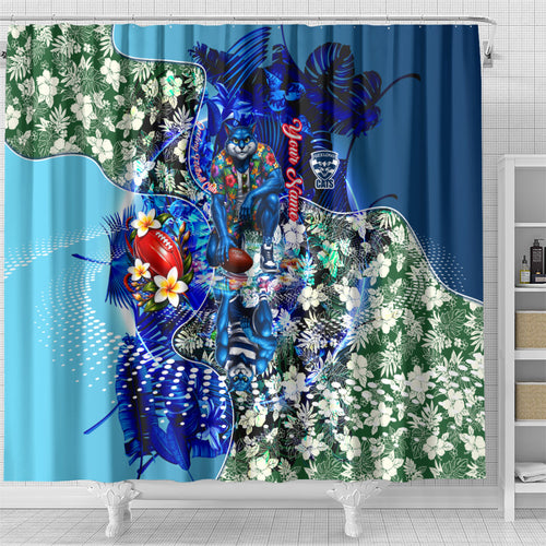 Personalized Geelong Football Cats Shower Curtain Tropical Hibiscus Flowers - Pacific Fusion Style