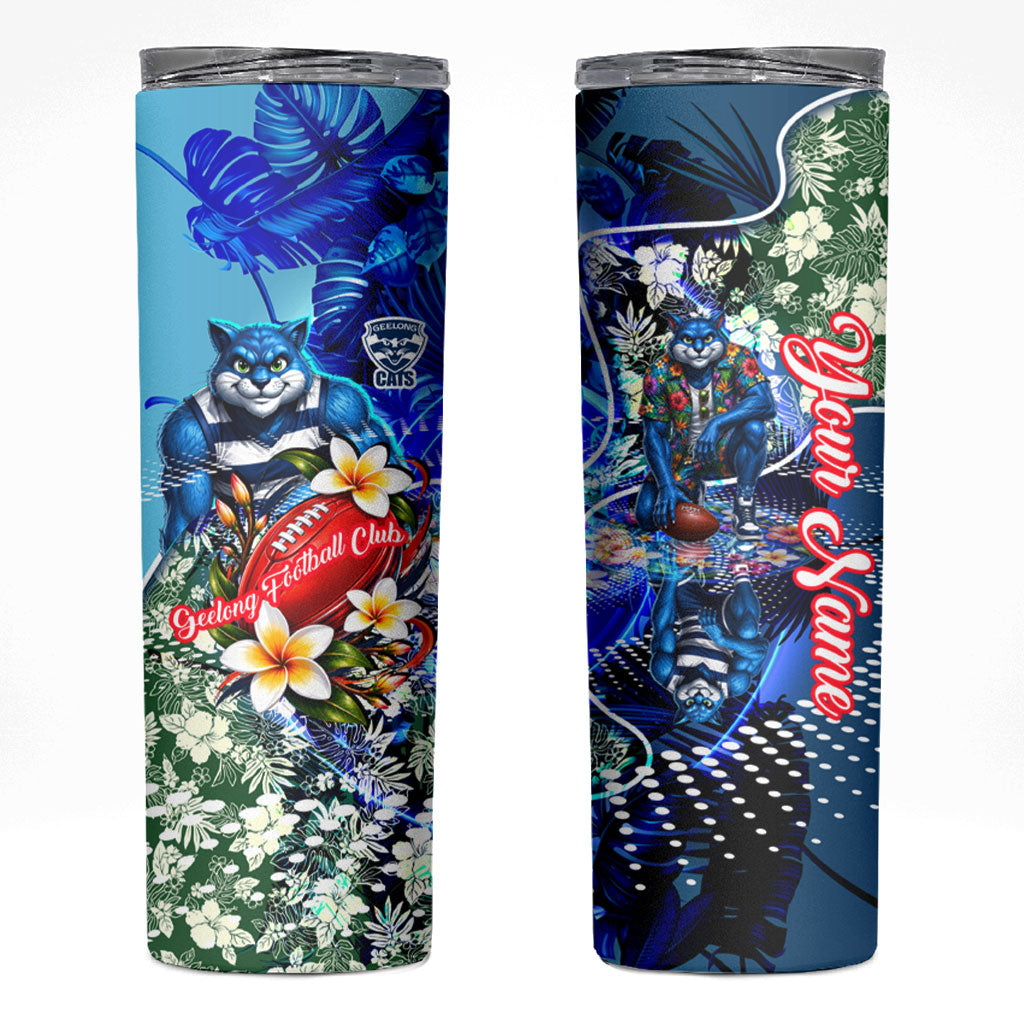 Personalized Geelong Football Cats Skinny Tumbler Tropical Hibiscus Flowers - Pacific Fusion Style