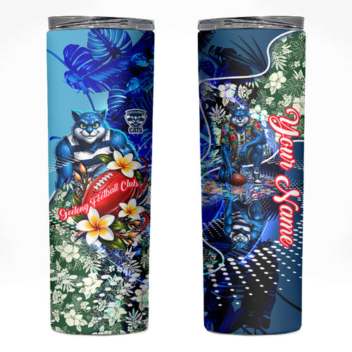 Personalized Geelong Football Cats Skinny Tumbler Tropical Hibiscus Flowers - Pacific Fusion Style