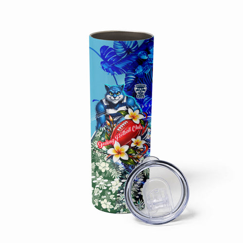 Personalized Geelong Football Cats Skinny Tumbler Tropical Hibiscus Flowers - Pacific Fusion Style