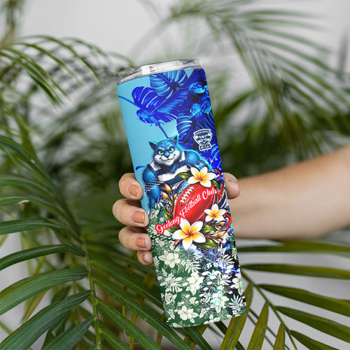 Personalized Geelong Football Cats Skinny Tumbler Tropical Hibiscus Flowers - Pacific Fusion Style