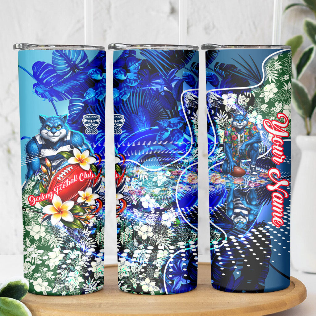 Personalized Geelong Football Cats Skinny Tumbler Tropical Hibiscus Flowers - Pacific Fusion Style