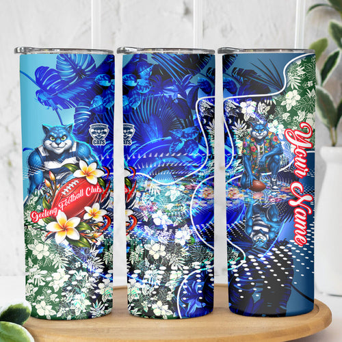 Personalized Geelong Football Cats Skinny Tumbler Tropical Hibiscus Flowers - Pacific Fusion Style