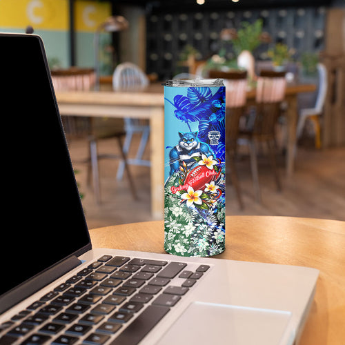 Personalized Geelong Football Cats Skinny Tumbler Tropical Hibiscus Flowers - Pacific Fusion Style