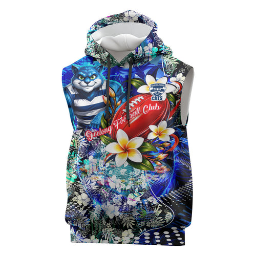 Personalized Geelong Football Cats Sleeveless Hoodie Tropical Hibiscus Flowers - Pacific Fusion Style