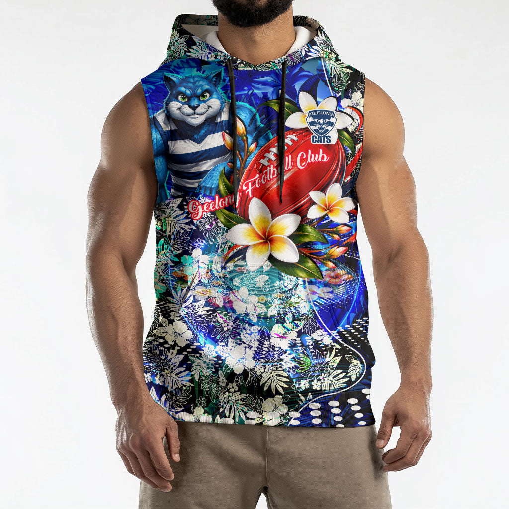 Personalized Geelong Football Cats Sleeveless Hoodie Tropical Hibiscus Flowers - Pacific Fusion Style