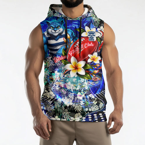 Personalized Geelong Football Cats Sleeveless Hoodie Tropical Hibiscus Flowers - Pacific Fusion Style