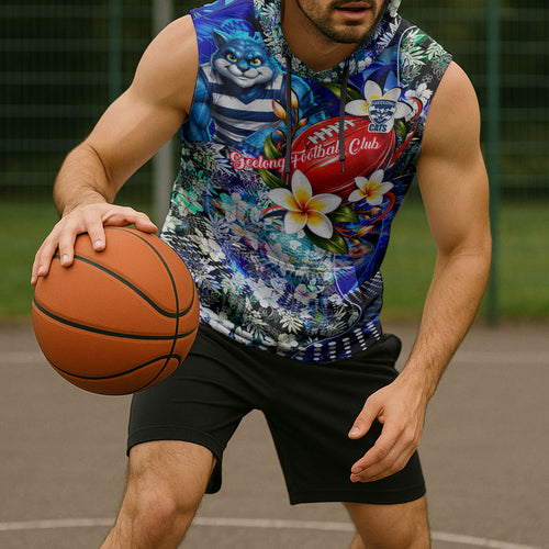 Personalized Geelong Football Cats Sleeveless Hoodie Tropical Hibiscus Flowers - Pacific Fusion Style