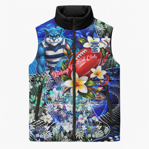 Personalized Geelong Football Cats Sleeveless Puffer Jacket Tropical Hibiscus Flowers - Pacific Fusion Style