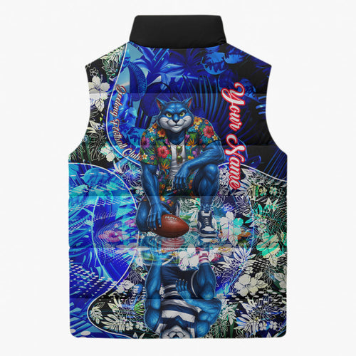 Personalized Geelong Football Cats Sleeveless Puffer Jacket Tropical Hibiscus Flowers - Pacific Fusion Style