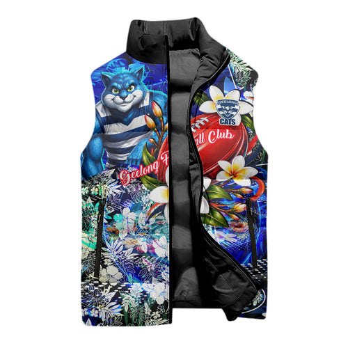 Personalized Geelong Football Cats Sleeveless Puffer Jacket Tropical Hibiscus Flowers - Pacific Fusion Style