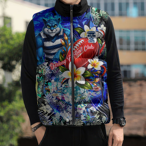 Personalized Geelong Football Cats Sleeveless Puffer Jacket Tropical Hibiscus Flowers - Pacific Fusion Style