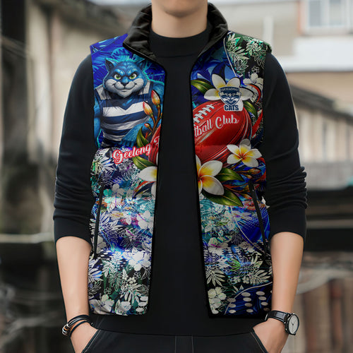 Personalized Geelong Football Cats Sleeveless Puffer Jacket Tropical Hibiscus Flowers - Pacific Fusion Style