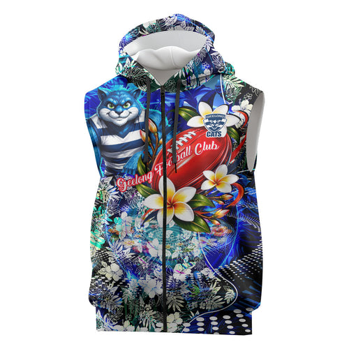 Personalized Geelong Football Cats Sleeveless Zip Hoodie Tropical Hibiscus Flowers - Pacific Fusion Style