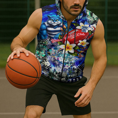 Personalized Geelong Football Cats Sleeveless Zip Hoodie Tropical Hibiscus Flowers - Pacific Fusion Style