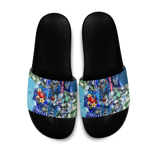 Personalized Geelong Football Cats Slide Sandals Tropical Hibiscus Flowers - Pacific Fusion Style
