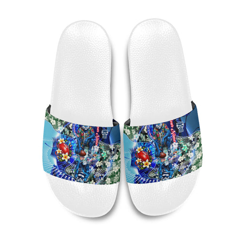 Personalized Geelong Football Cats Slide Sandals Tropical Hibiscus Flowers - Pacific Fusion Style