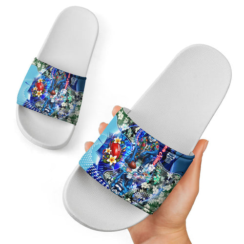 Personalized Geelong Football Cats Slide Sandals Tropical Hibiscus Flowers - Pacific Fusion Style