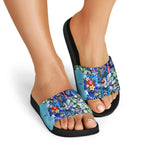 Personalized Geelong Football Cats Slide Sandals Tropical Hibiscus Flowers - Pacific Fusion Style