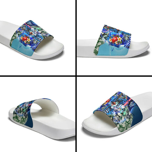 Personalized Geelong Football Cats Slide Sandals Tropical Hibiscus Flowers - Pacific Fusion Style