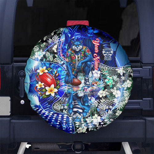 Personalized Geelong Football Cats Spare Tire Cover Tropical Hibiscus Flowers - Pacific Fusion Style