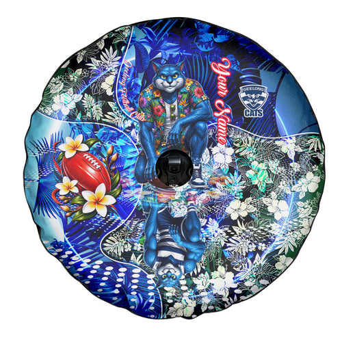 Personalized Geelong Football Cats Spare Tire Cover Tropical Hibiscus Flowers - Pacific Fusion Style