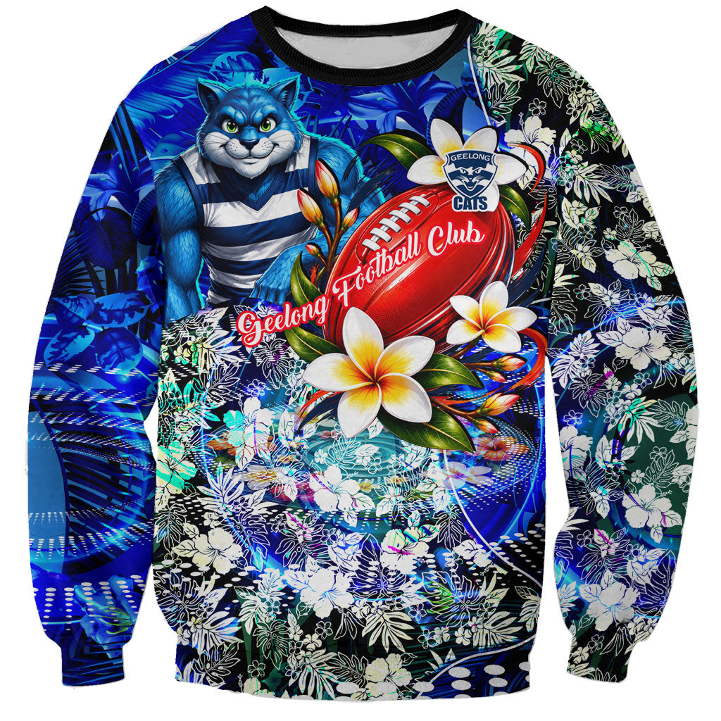 Personalized Geelong Football Cats Sweatshirt Tropical Hibiscus Flowers - Pacific Fusion Style