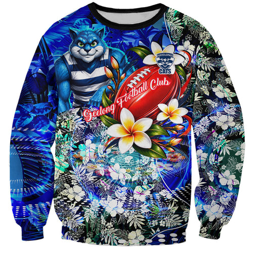 Personalized Geelong Football Cats Sweatshirt Tropical Hibiscus Flowers - Pacific Fusion Style