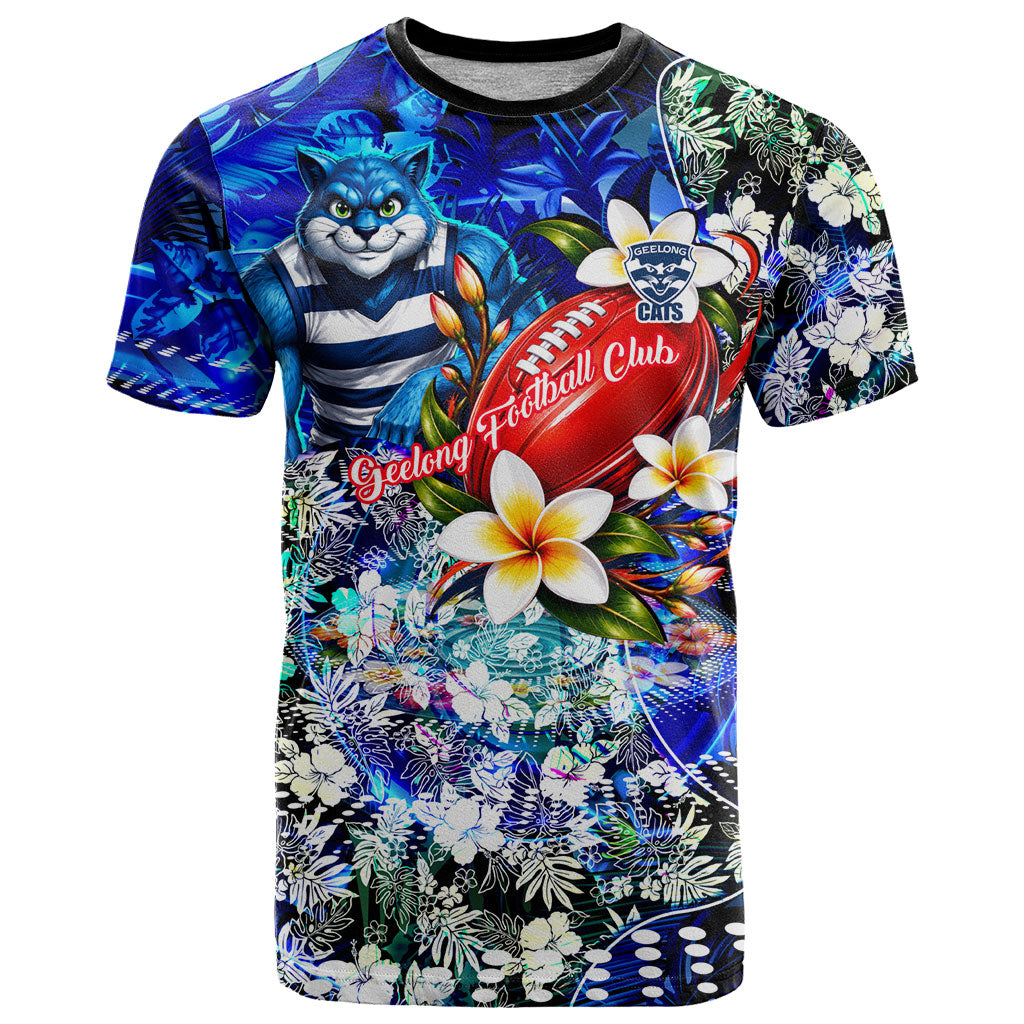 Personalized Geelong Football Cats T Shirt Tropical Hibiscus Flowers - Pacific Fusion Style