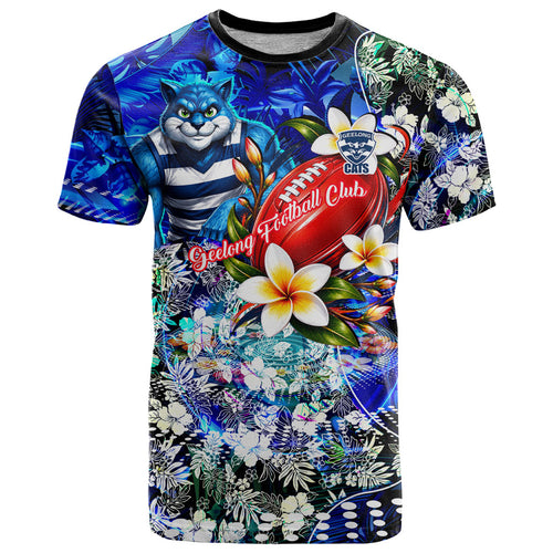 Personalized Geelong Football Cats T Shirt Tropical Hibiscus Flowers - Pacific Fusion Style