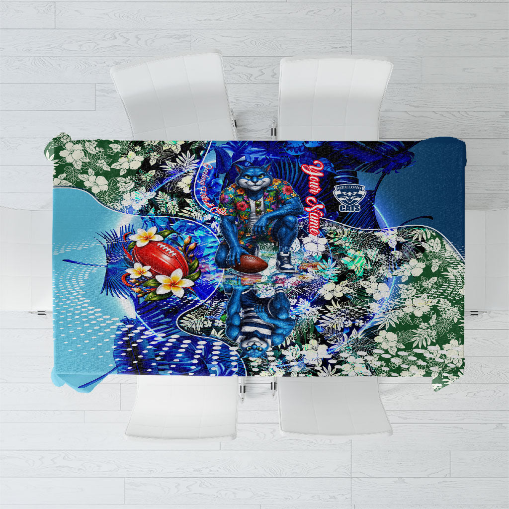 Personalized Geelong Football Cats Tablecloth Tropical Hibiscus Flowers - Pacific Fusion Style