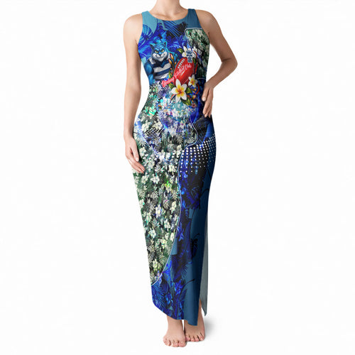 Personalized Geelong Football Cats Tank Maxi Dress Tropical Hibiscus Flowers - Pacific Fusion Style