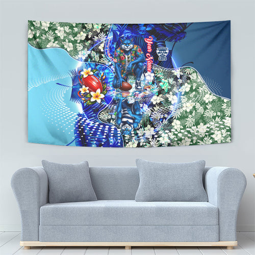 Personalized Geelong Football Cats Tapestry Tropical Hibiscus Flowers - Pacific Fusion Style