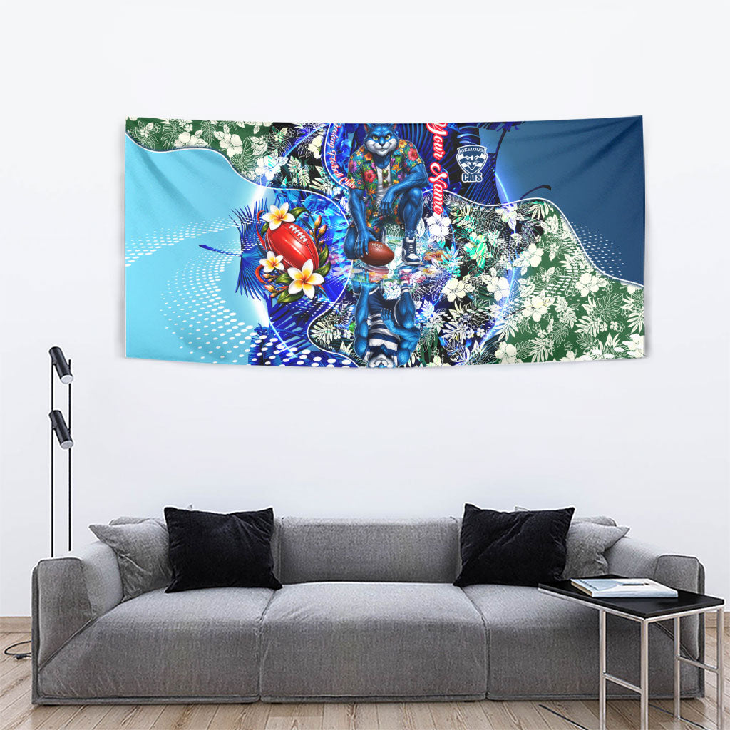 Personalized Geelong Football Cats Tapestry Tropical Hibiscus Flowers - Pacific Fusion Style