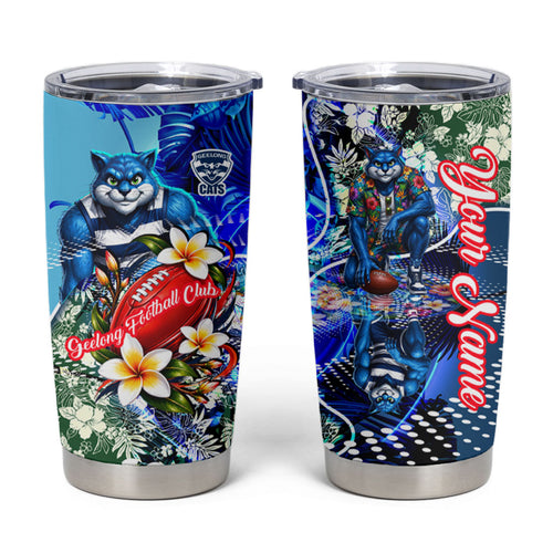 Personalized Geelong Football Cats Tumbler Cup Tropical Hibiscus Flowers - Pacific Fusion Style
