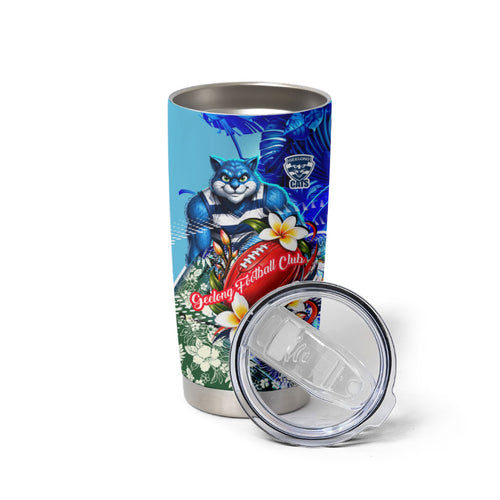 Personalized Geelong Football Cats Tumbler Cup Tropical Hibiscus Flowers - Pacific Fusion Style
