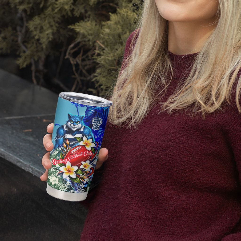 Personalized Geelong Football Cats Tumbler Cup Tropical Hibiscus Flowers - Pacific Fusion Style