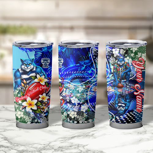 Personalized Geelong Football Cats Tumbler Cup Tropical Hibiscus Flowers - Pacific Fusion Style