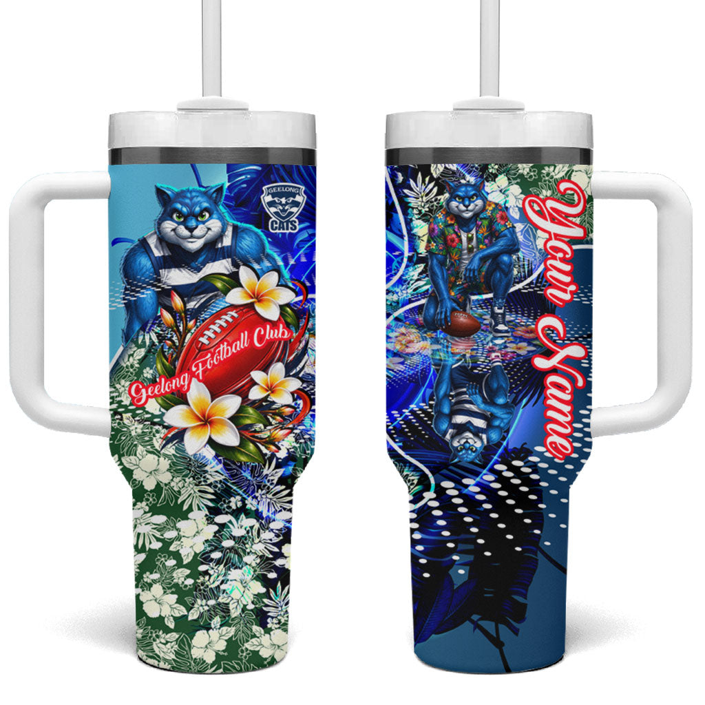 Personalized Geelong Football Cats Tumbler With Handle Tropical Hibiscus Flowers - Pacific Fusion Style