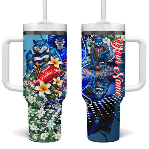Personalized Geelong Football Cats Tumbler With Handle Tropical Hibiscus Flowers - Pacific Fusion Style