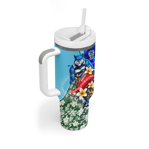 Personalized Geelong Football Cats Tumbler With Handle Tropical Hibiscus Flowers - Pacific Fusion Style