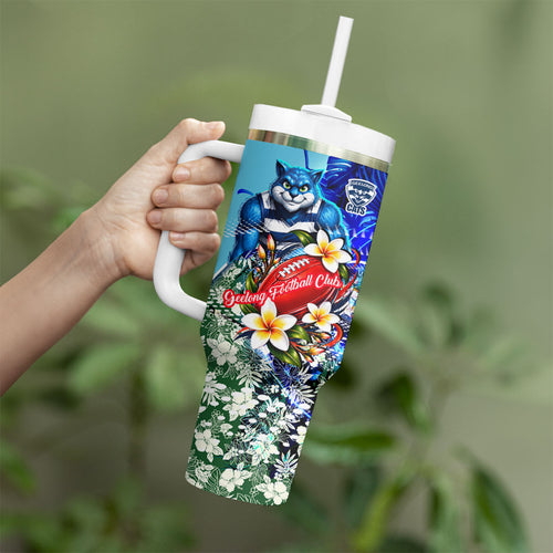Personalized Geelong Football Cats Tumbler With Handle Tropical Hibiscus Flowers - Pacific Fusion Style