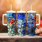 Personalized Geelong Football Cats Tumbler With Handle Tropical Hibiscus Flowers - Pacific Fusion Style