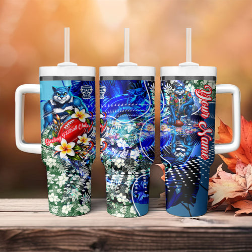 Personalized Geelong Football Cats Tumbler With Handle Tropical Hibiscus Flowers - Pacific Fusion Style