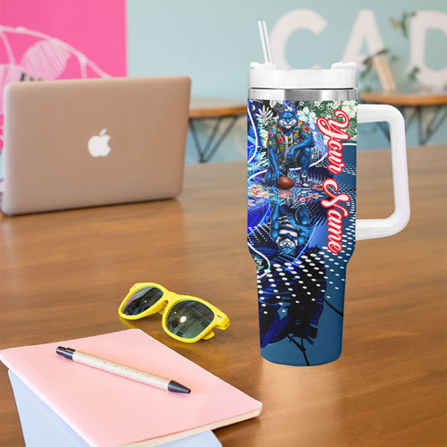 Personalized Geelong Football Cats Tumbler With Handle Tropical Hibiscus Flowers - Pacific Fusion Style