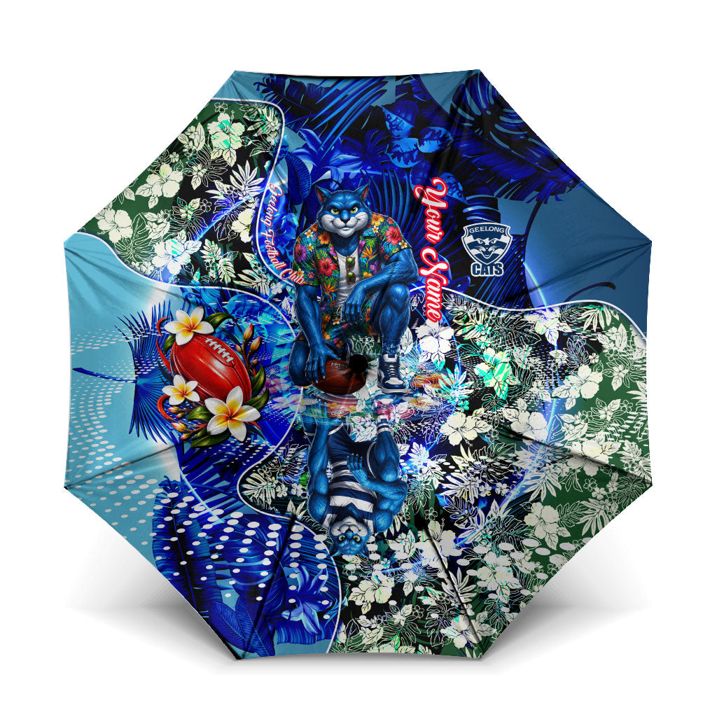 Personalized Geelong Football Cats Umbrella Tropical Hibiscus Flowers - Pacific Fusion Style
